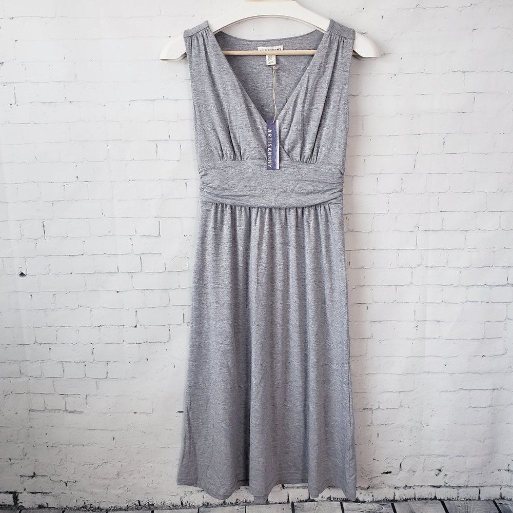 ARTISAN NY Jersey Knit V-Neck Dress Gray Knee Length XS Stretch NEW Casual Basic